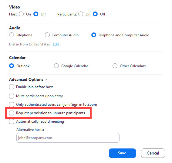 Request permissions to unmute works in Zoom outlook plugin and web